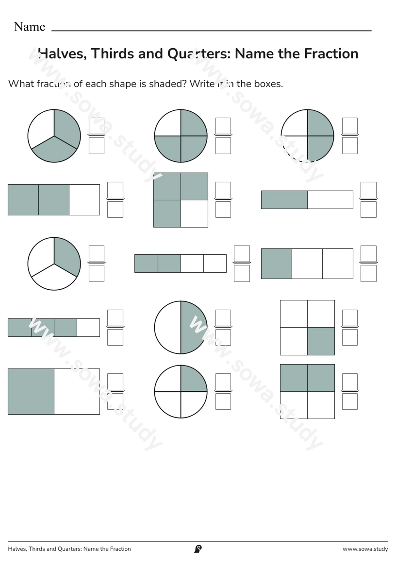 Halves, Thirds and Quarters: Name the Fraction – printable worksheet
