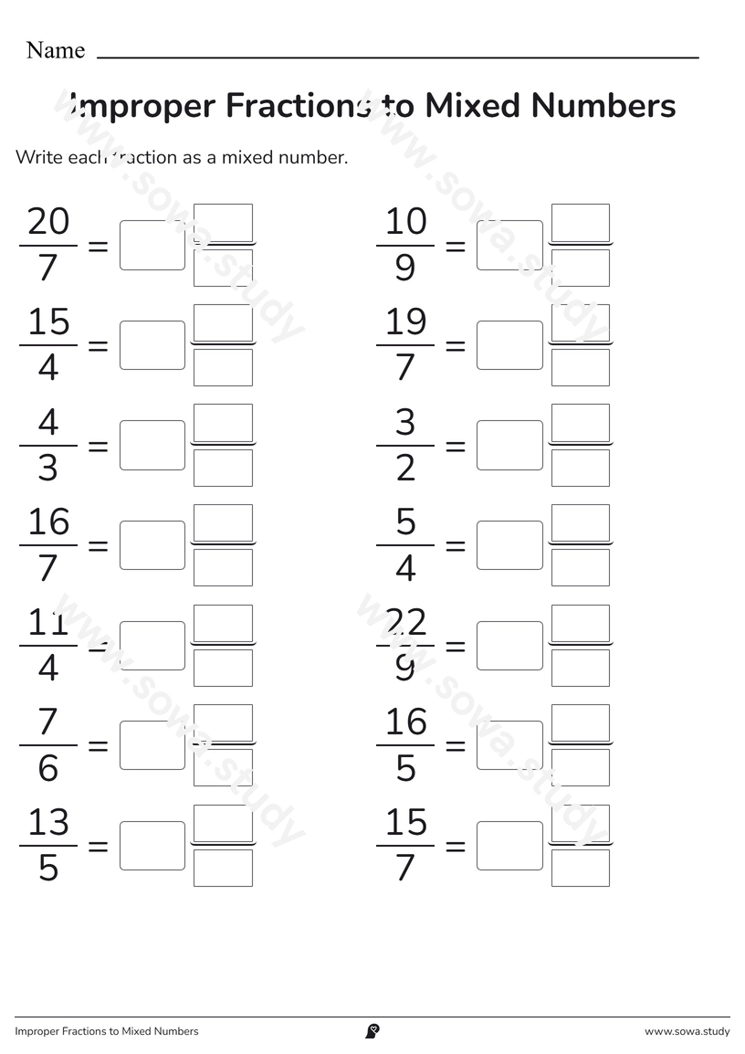 Improper Fractions to Mixed Numbers – printable worksheet