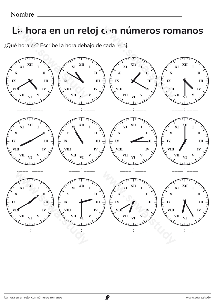 La hora en un reloj con números romanos – ficha para imprimir