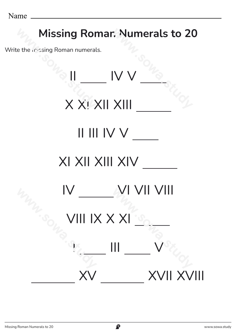Missing Roman Numerals to 20 – printable worksheet