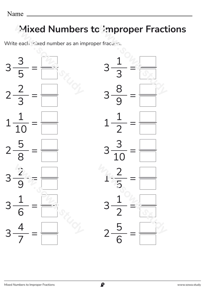 Mixed Numbers to Improper Fractions – printable worksheet