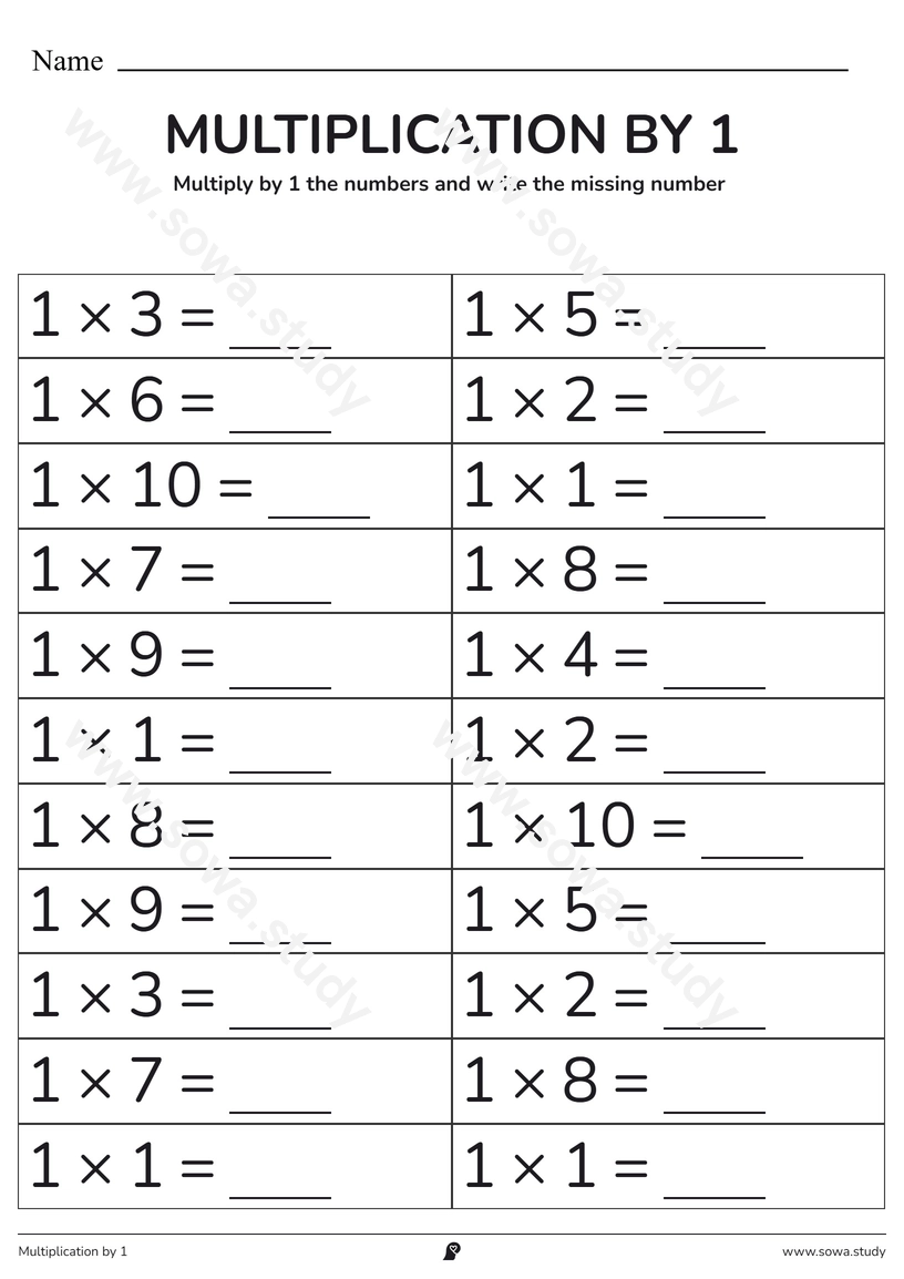 Multiplication by 1: Fill in the Blanks – printable worksheet