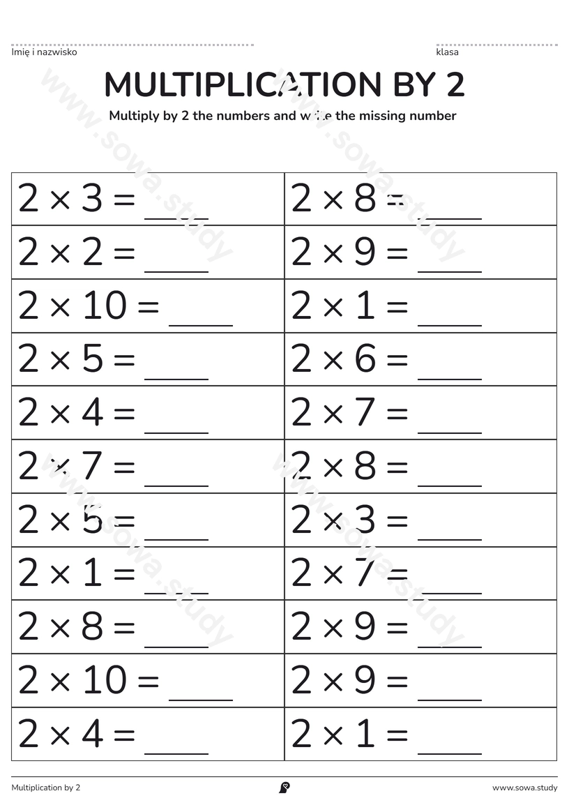 Multiplication by 2: Fill in the Blanks – printable worksheet