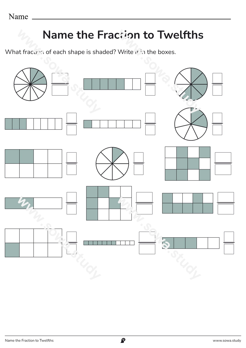 Name the Fraction to Twelfths – printable worksheet
