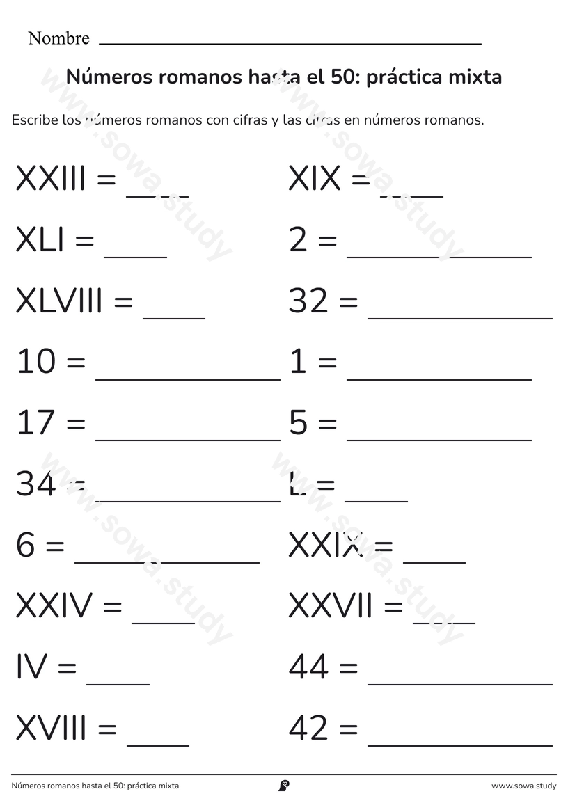Números romanos hasta el 50: práctica mixta – ficha para imprimir
