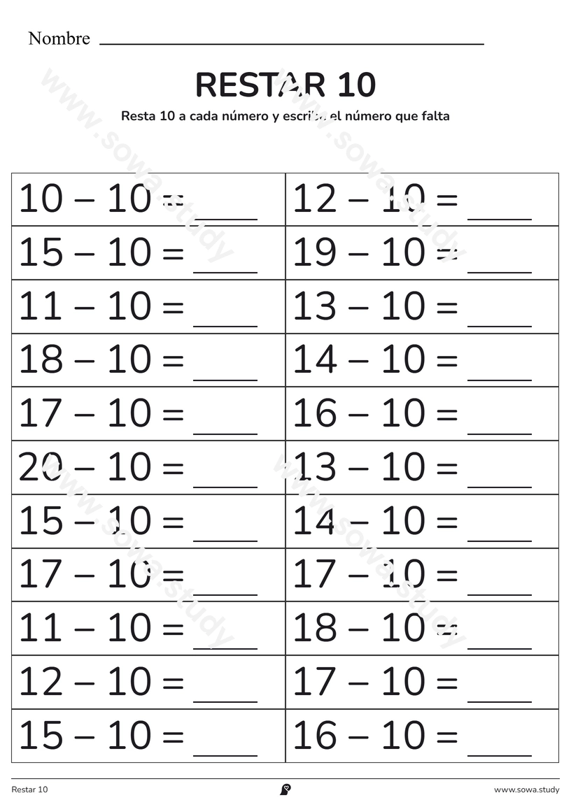 Restar 10 – ficha para imprimir
