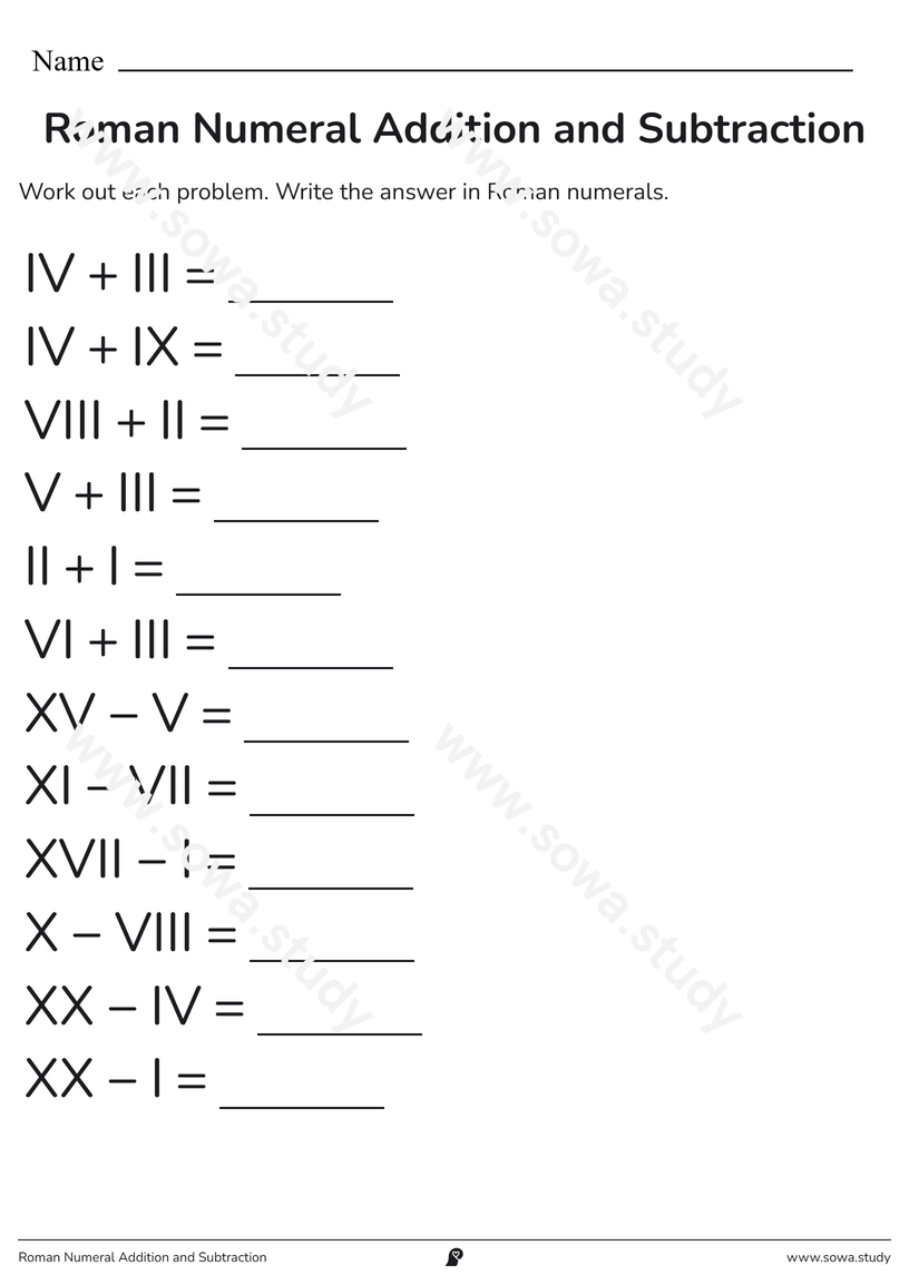 Roman Numeral Addition and Subtraction – printable worksheet