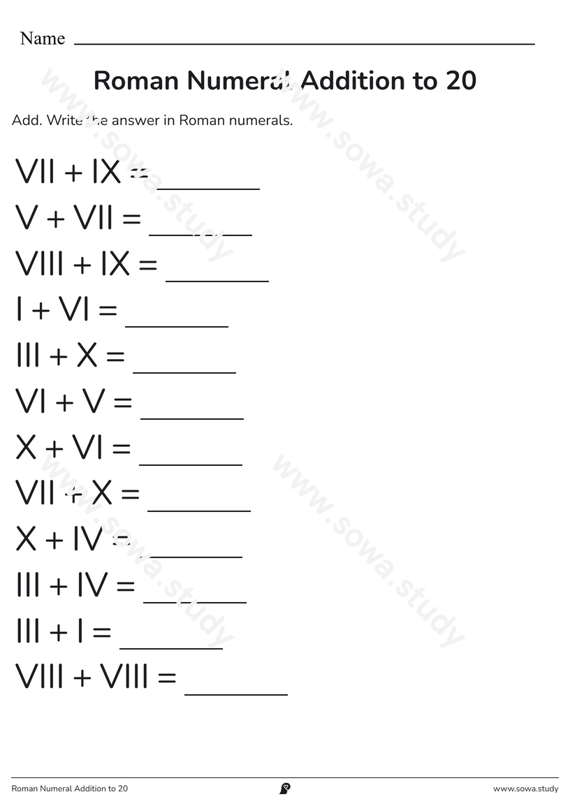 Roman Numeral Addition to 20 – printable worksheet