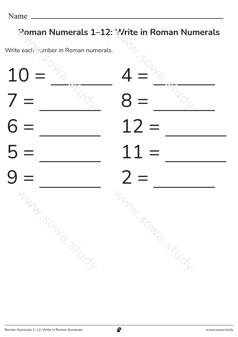 Roman Numerals 1–12: Write in Roman Numerals – printable worksheet