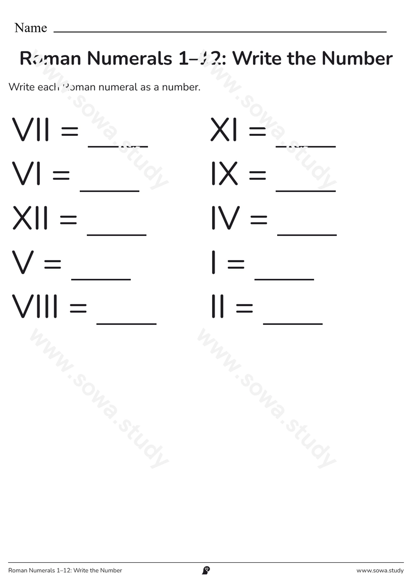 Roman Numerals 1–12: Write the Number – printable worksheet