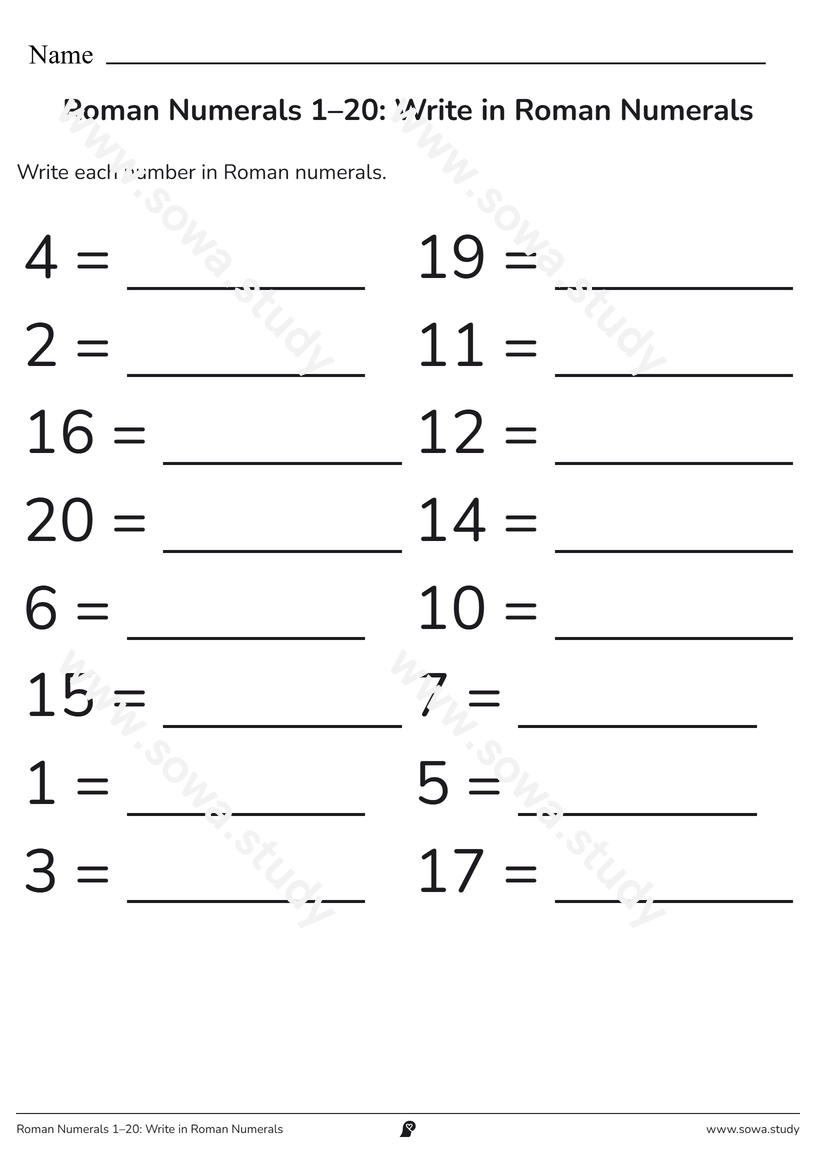 Roman Numerals 1–20: Write in Roman Numerals – printable worksheet