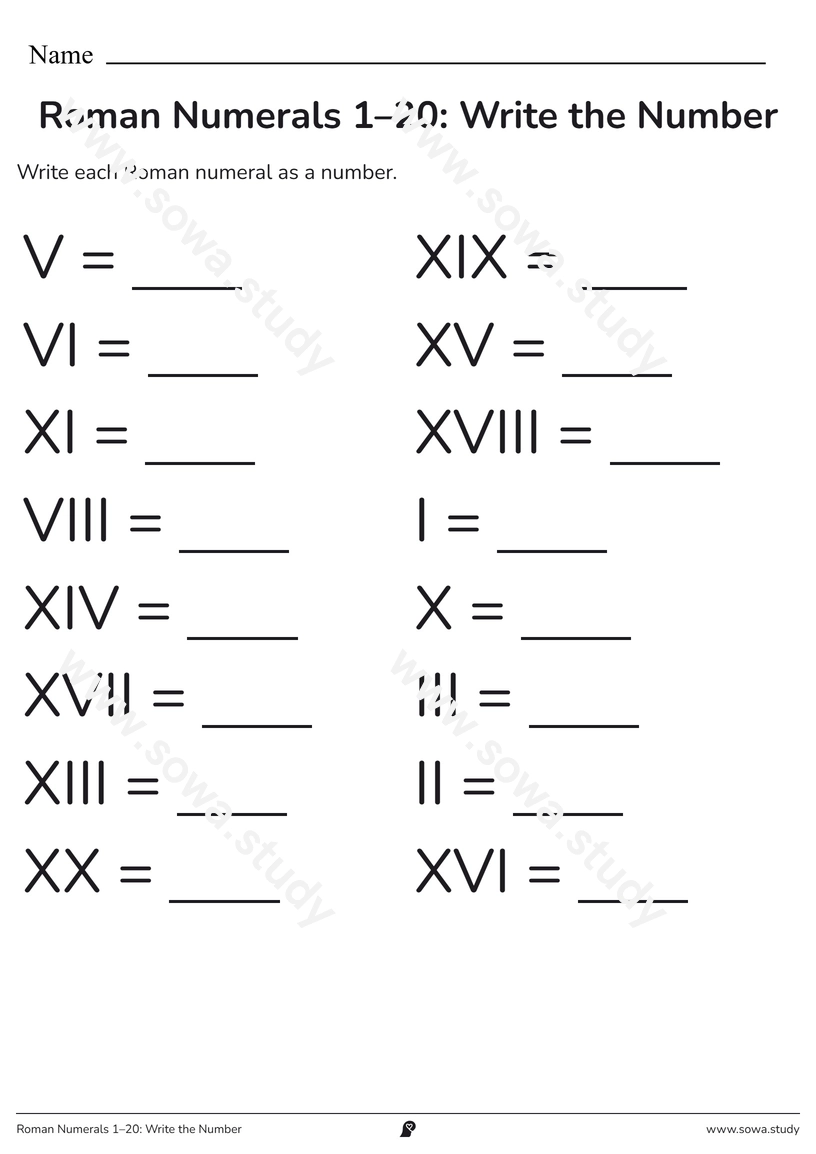 Roman Numerals 1–20: Write the Number – printable worksheet