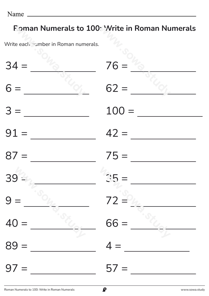 Roman Numerals to 100: Write in Roman Numerals – printable worksheet