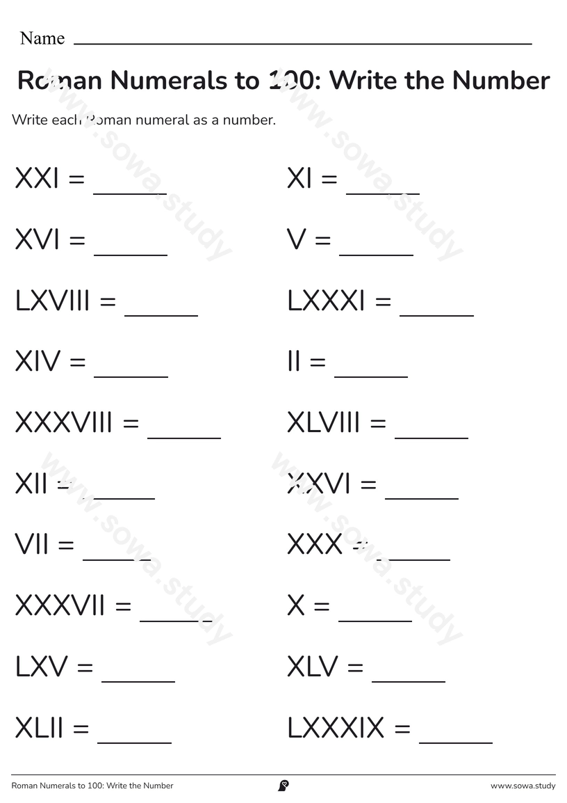 Roman Numerals to 100: Write the Number – printable worksheet