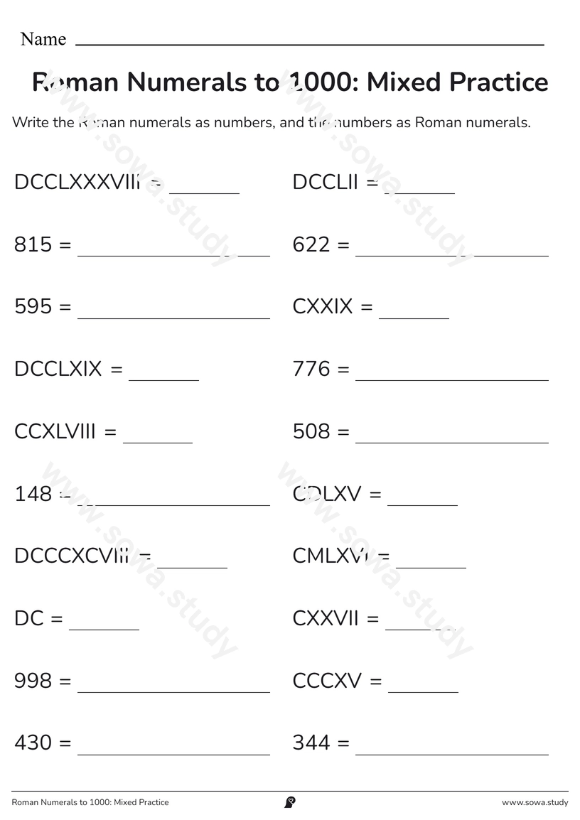 Roman Numerals to 1000: Mixed Practice – printable worksheet