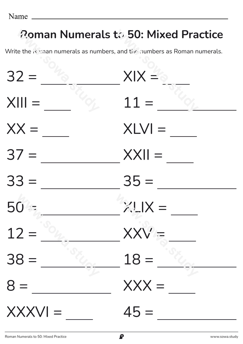 Roman Numerals to 50: Mixed Practice – printable worksheet