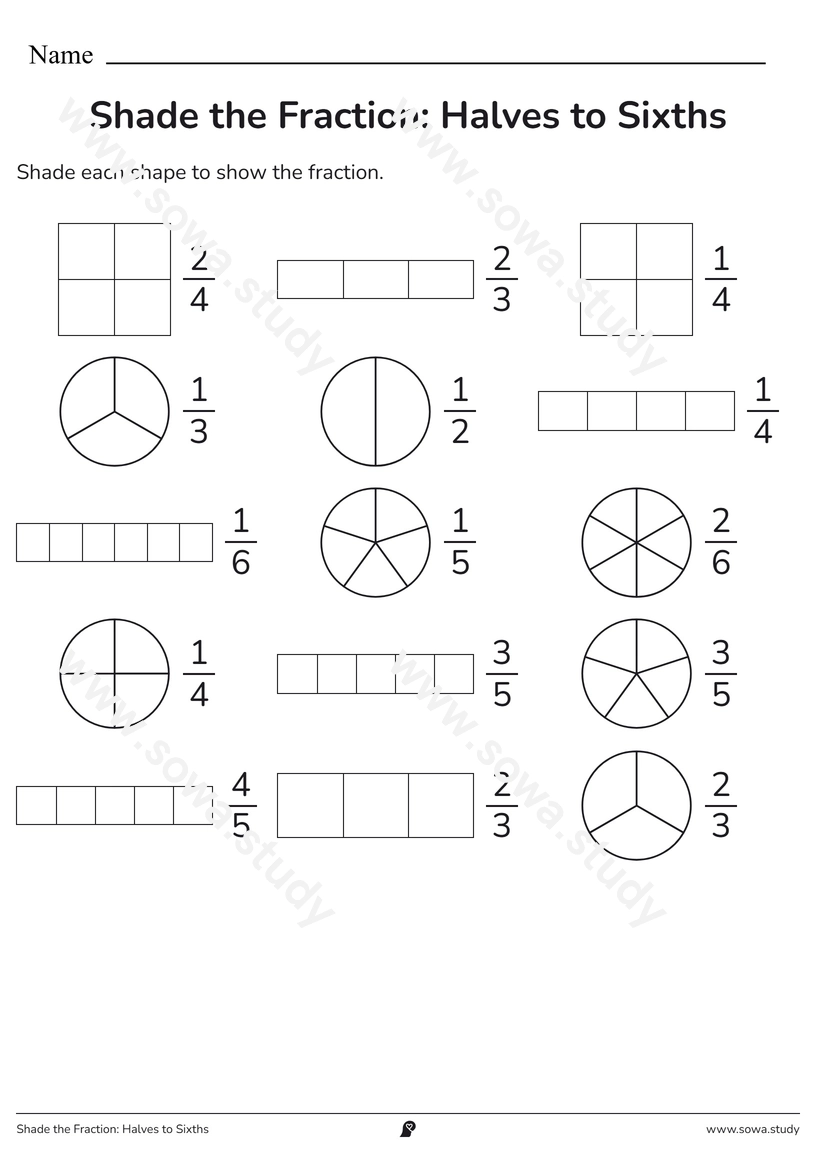 Shade the Fraction: Halves to Sixths – printable worksheet