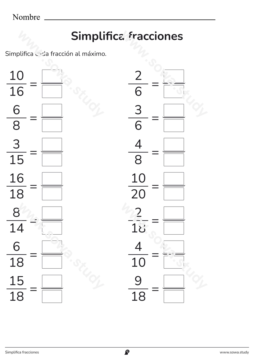 Simplifica fracciones – ficha para imprimir