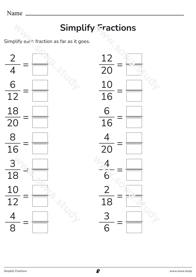 Simplify Fractions – printable worksheet