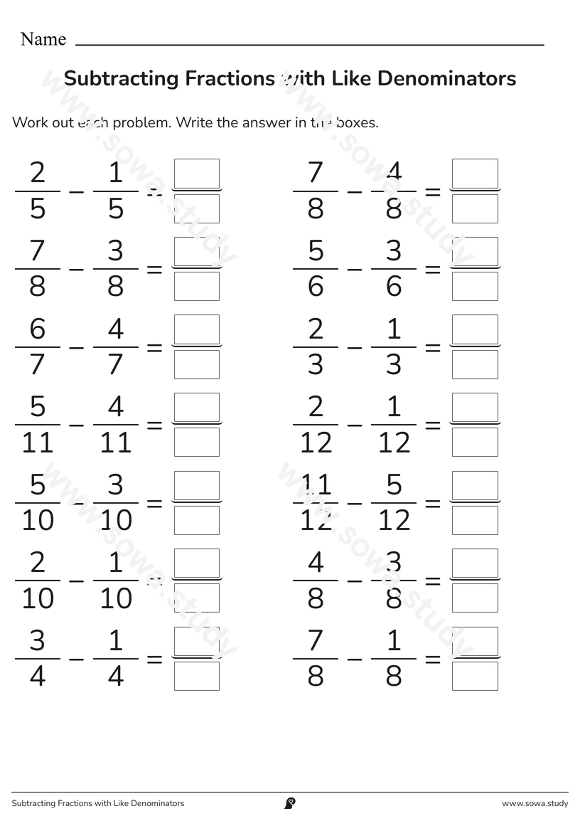 Subtracting Fractions with Like Denominators – printable worksheet