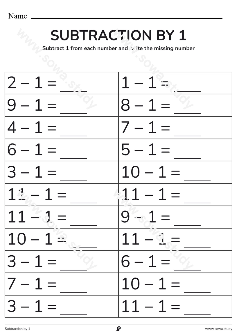 Subtraction by 1: Fill in the Blanks – printable worksheet