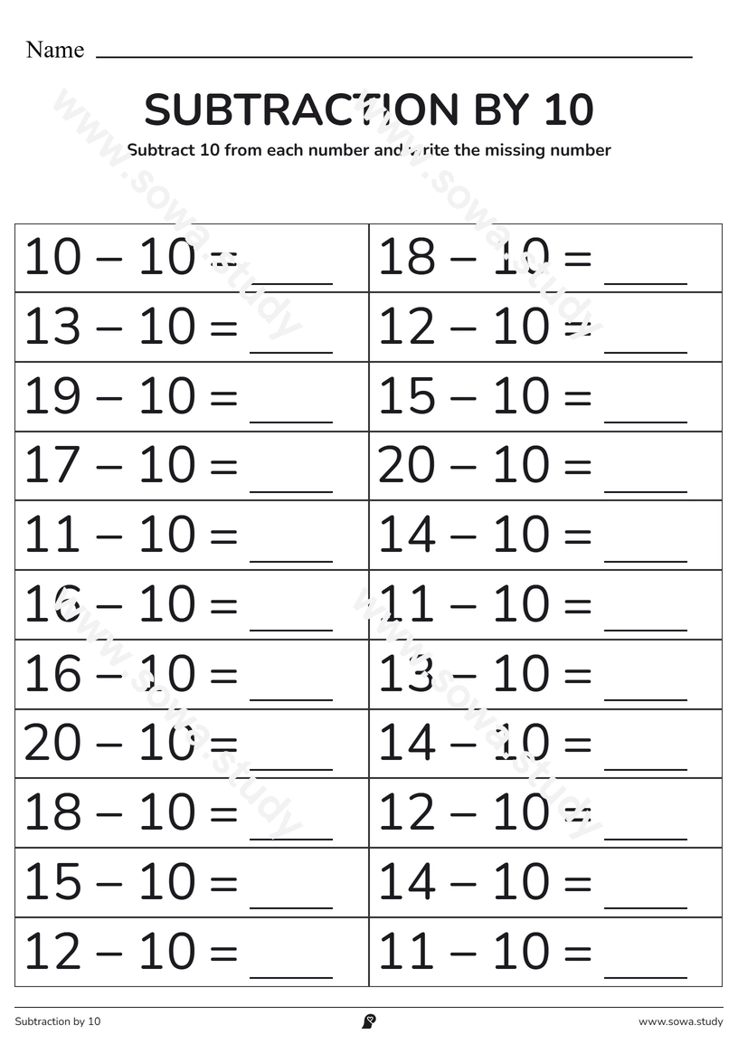 Subtraction by 10: Fill in the Blanks – printable worksheet