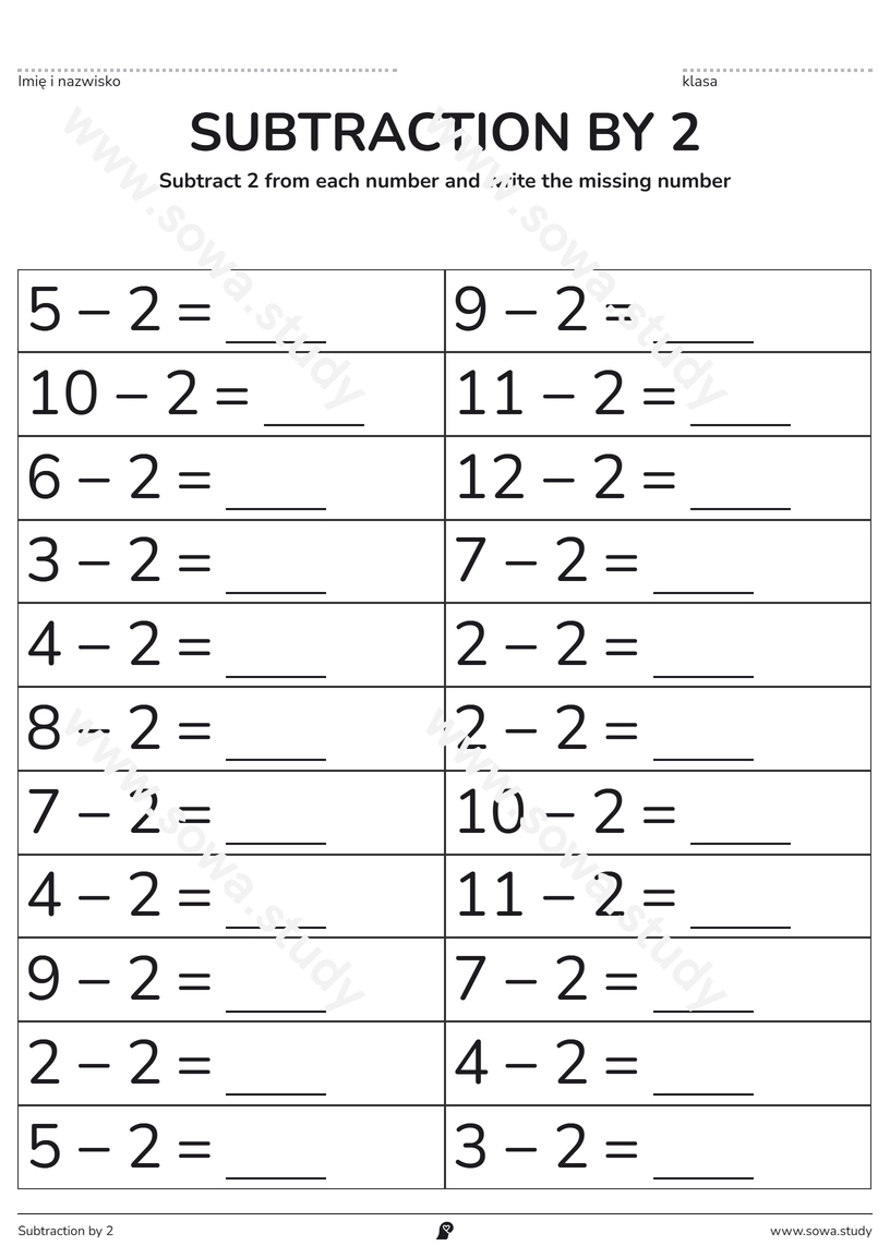 Subtraction by 2: Fill in the Blanks – printable worksheet