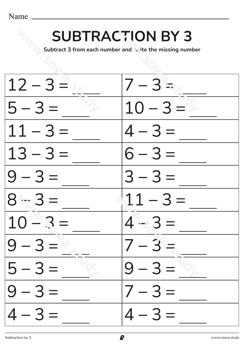 Subtraction by 3 – printable worksheet