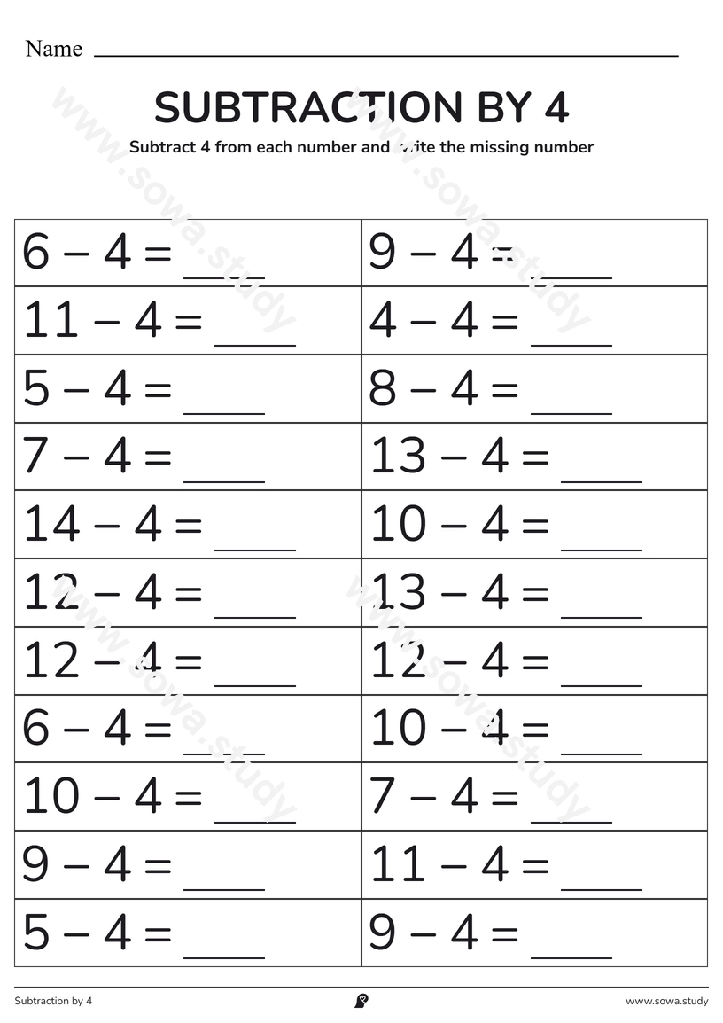 Subtraction by 4: Fill in the Blanks – printable worksheet