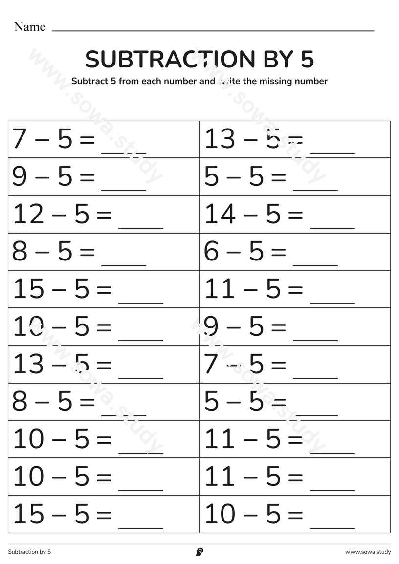 Subtraction by 5: Fill in the Blanks – printable worksheet