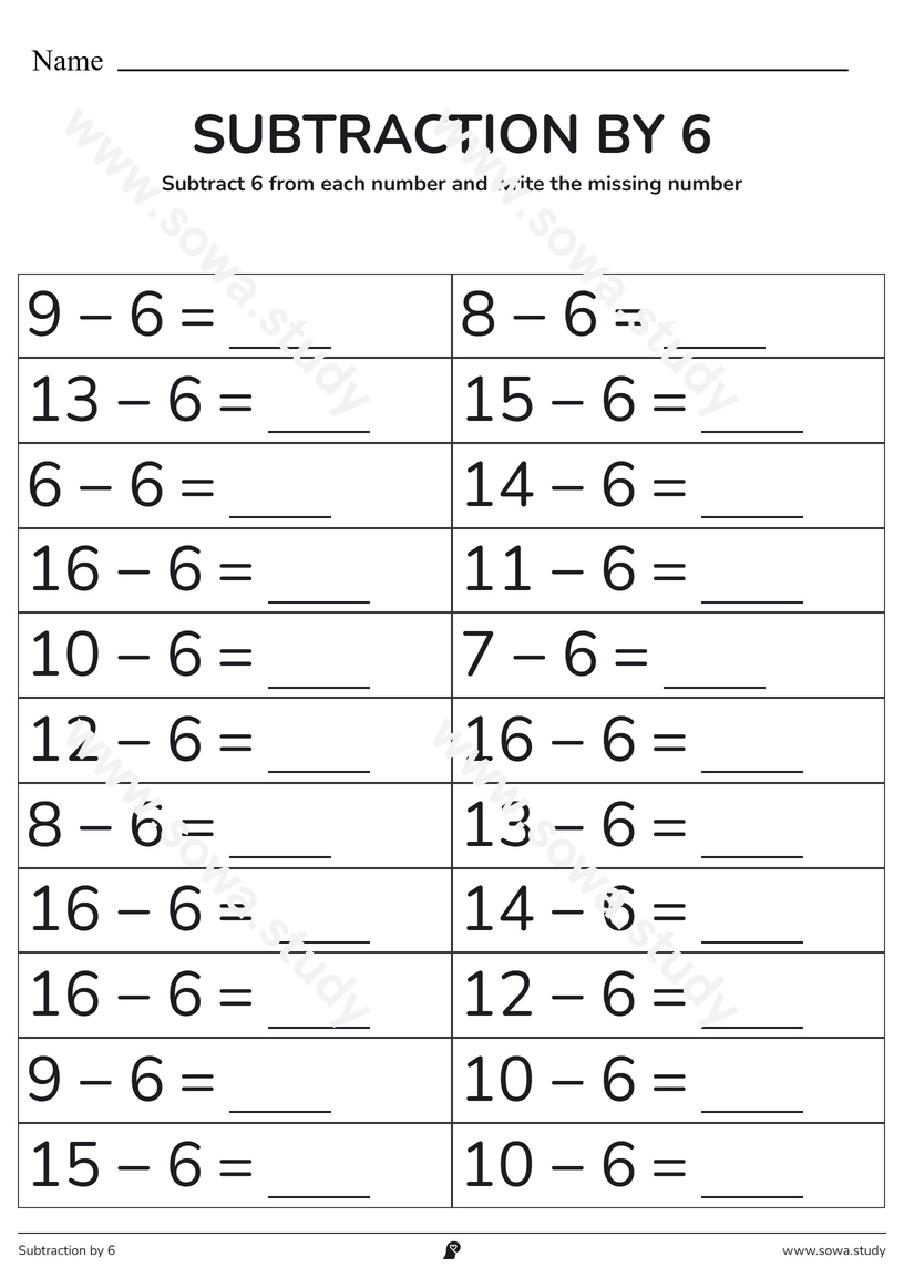 Subtraction by 6: Fill in the Blanks – printable worksheet