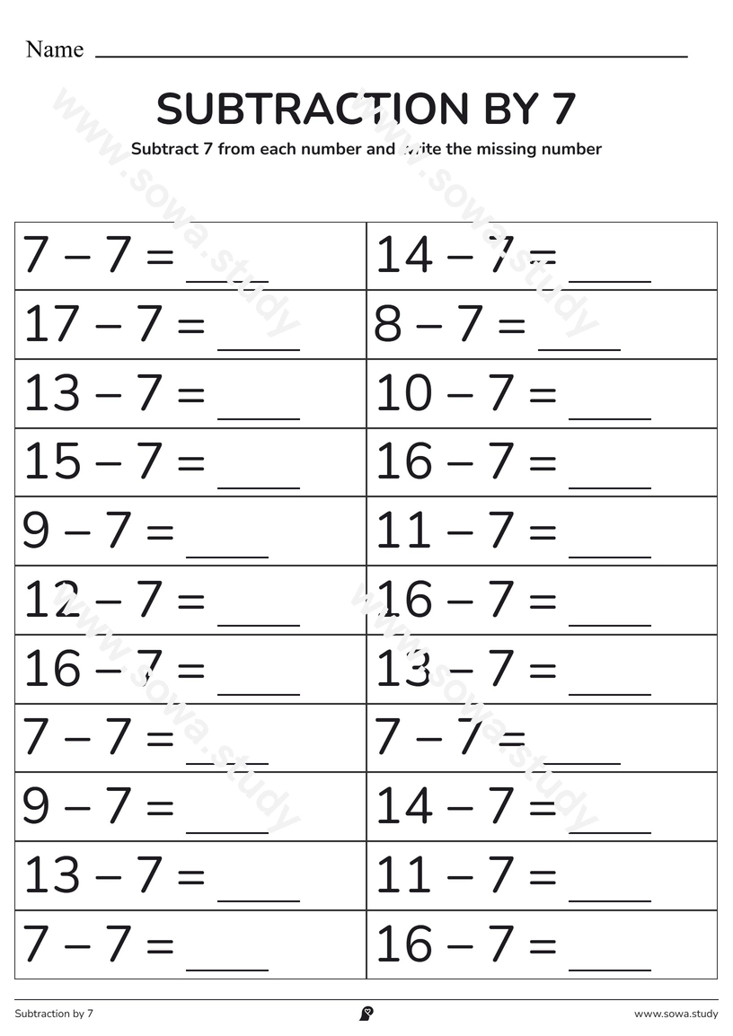 Subtraction by 7: Fill in the Blanks – printable worksheet