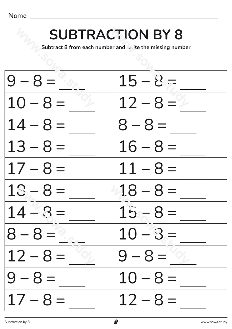 Subtraction by 8: Fill in the Blanks – printable worksheet