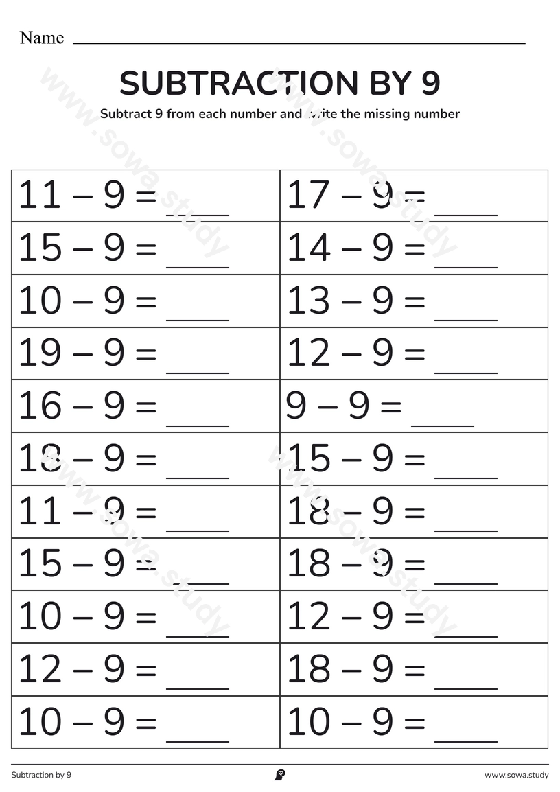 Subtraction by 9: Fill in the Blanks – printable worksheet