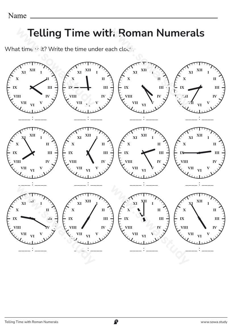 Telling Time with Roman Numerals – printable worksheet