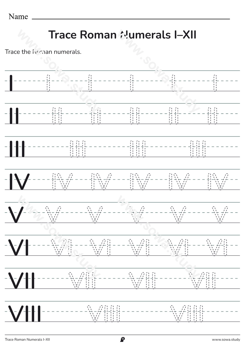 Trace Roman Numerals I–XII – printable worksheet