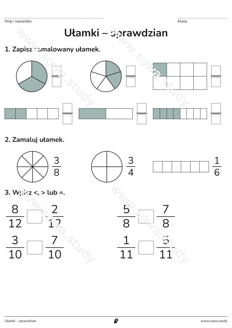 Ułamki – sprawdzian – karta pracy do druku