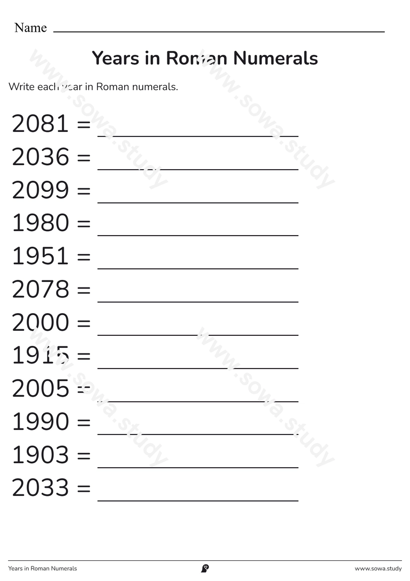 Years in Roman Numerals – printable worksheet