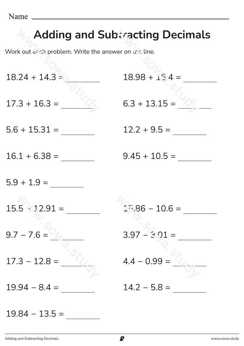 Adding and Subtracting Decimals – printable worksheet