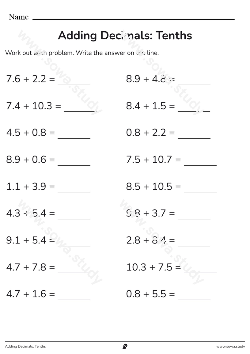 Adding Decimals: Tenths – printable worksheet