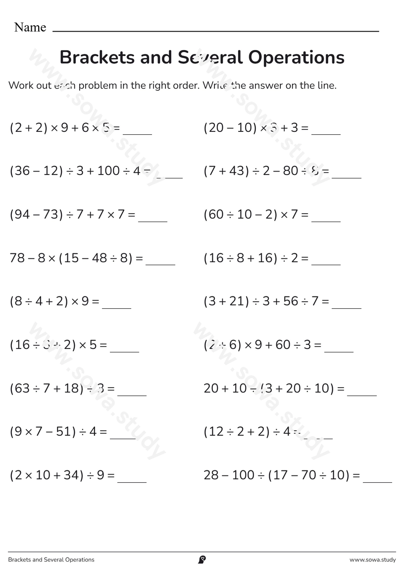 Brackets and Several Operations – printable worksheet