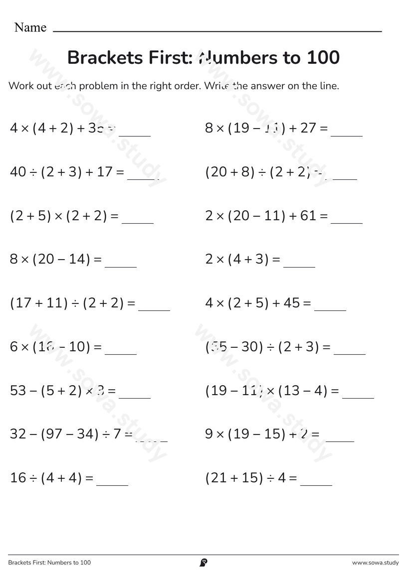 Brackets First: Numbers to 100 – printable worksheet