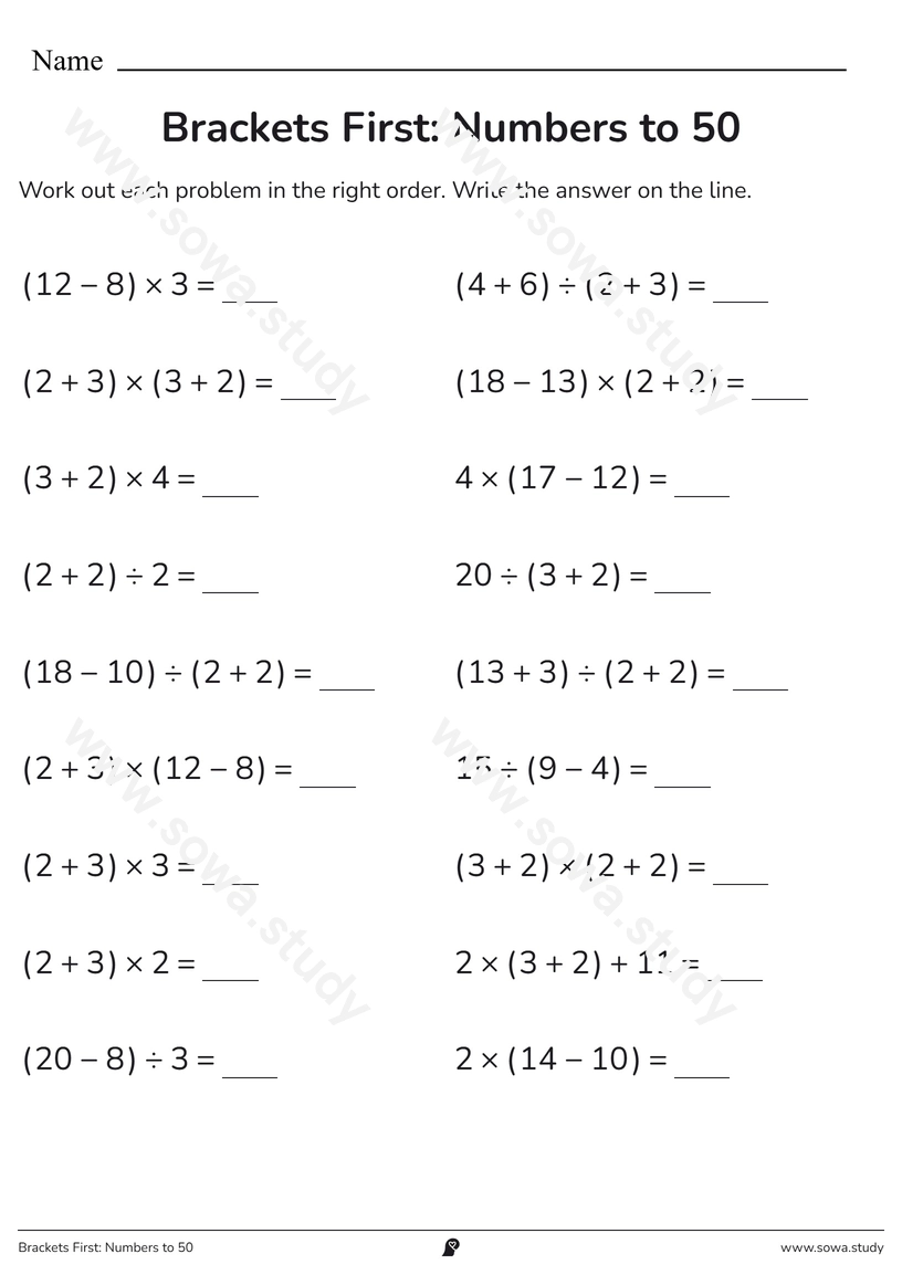 Brackets First: Numbers to 50 – printable worksheet