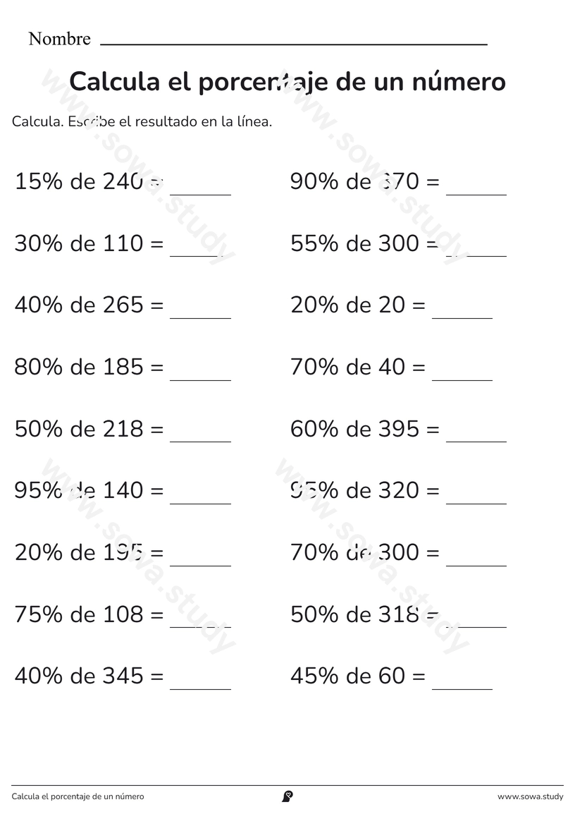 Calcula el porcentaje de un número – ficha para imprimir