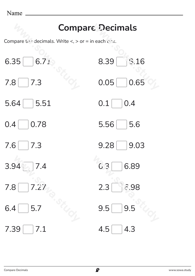 Compare Decimals – printable worksheet