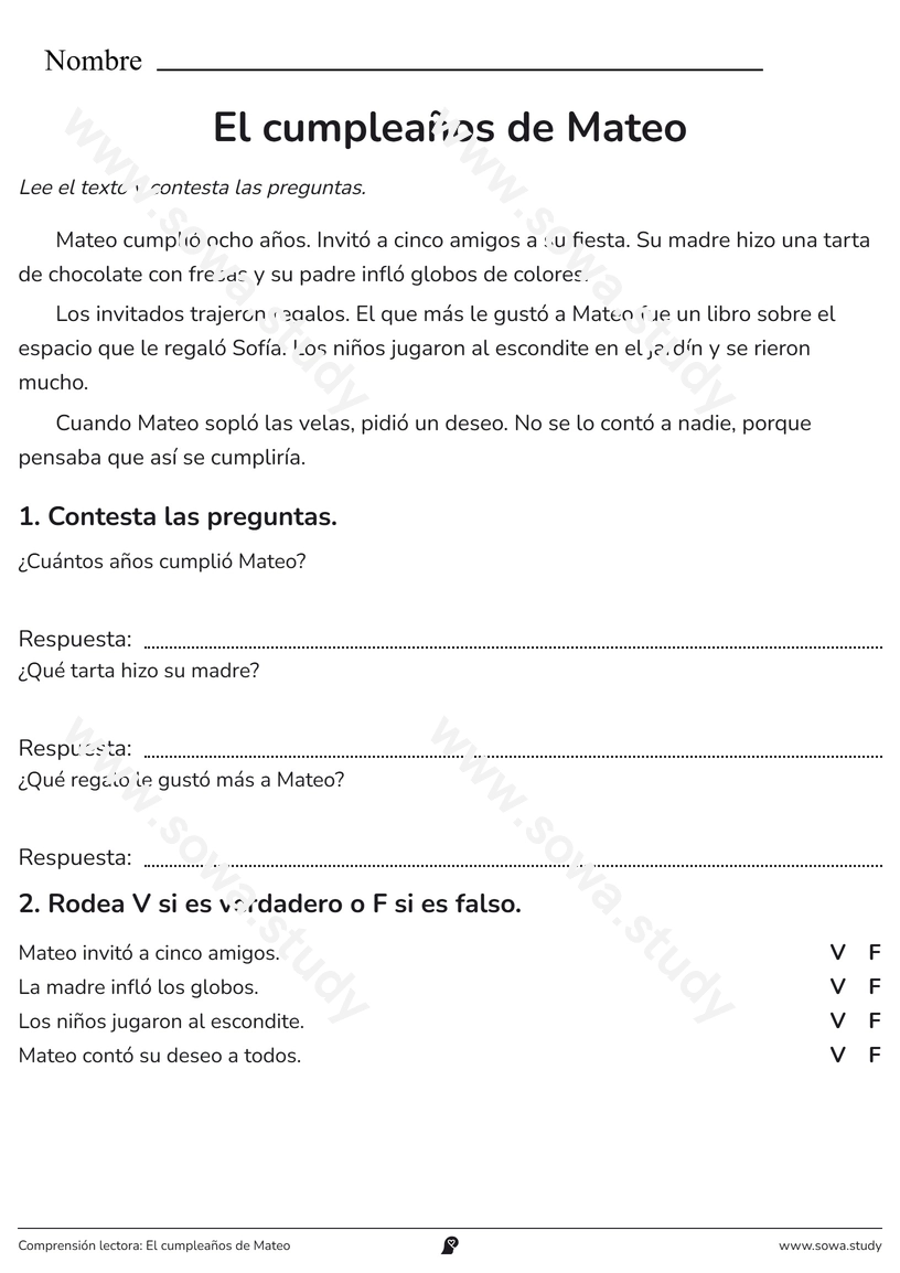 Comprensión lectora: El cumpleaños de Mateo – ficha para imprimir