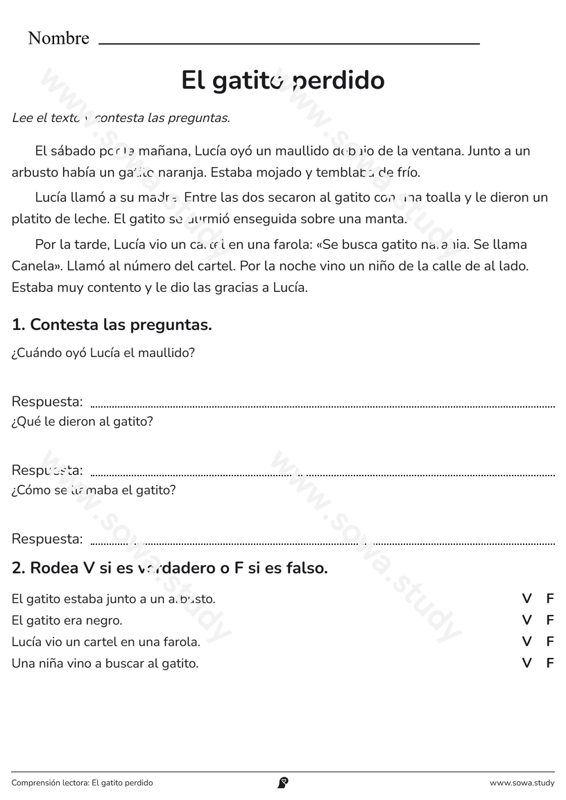 Comprensión lectora: El gatito perdido – ficha para imprimir