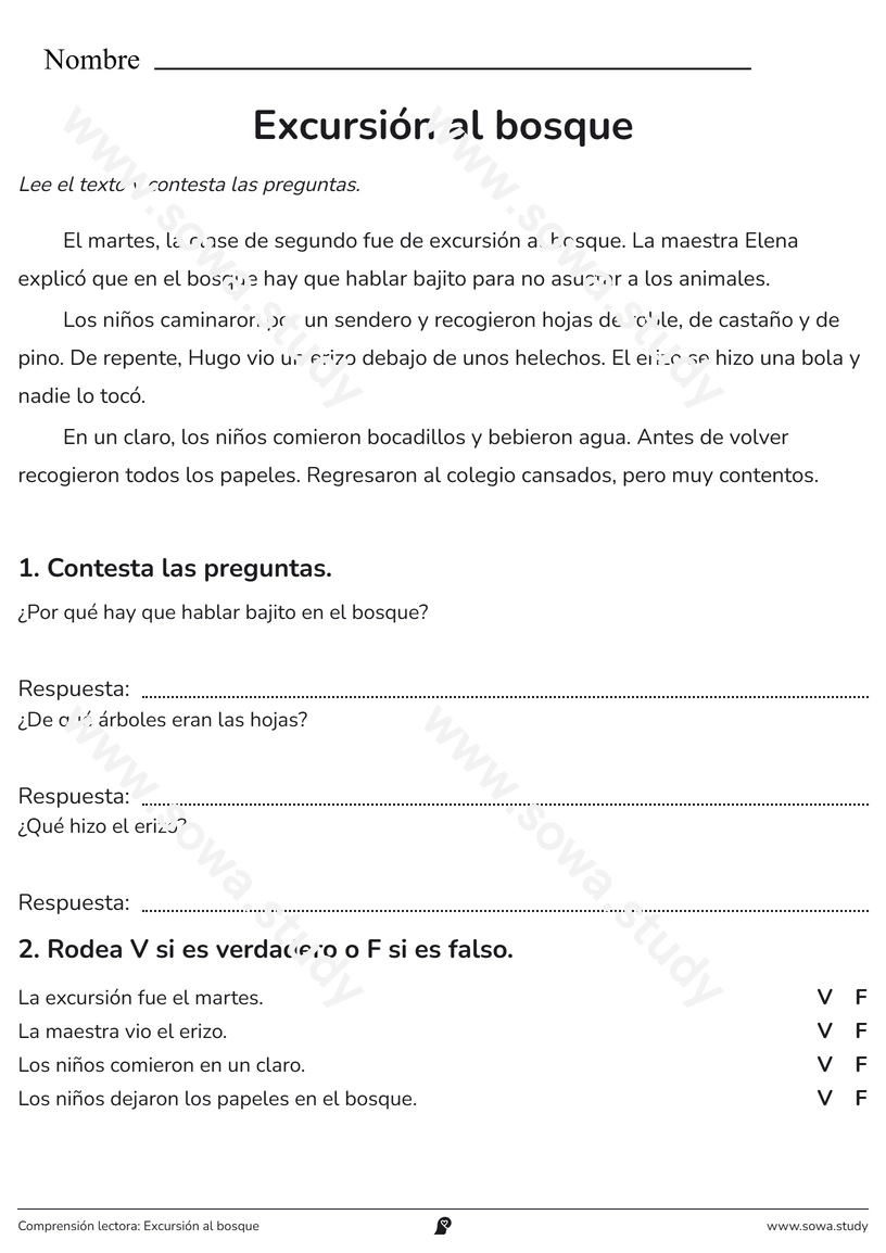 Comprensión lectora: Excursión al bosque – ficha para imprimir