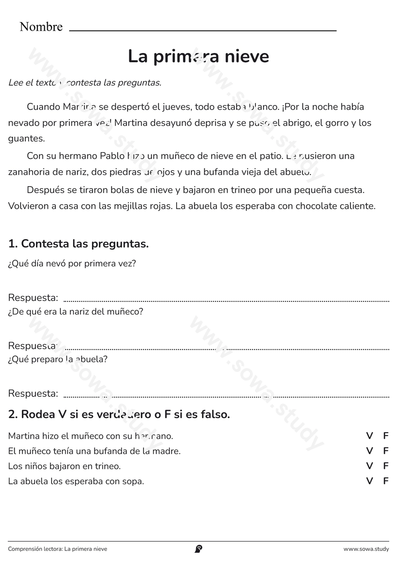 Comprensión lectora: La primera nieve – ficha para imprimir