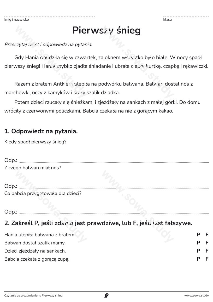 Czytanie ze zrozumieniem: Pierwszy śnieg – karta pracy do druku